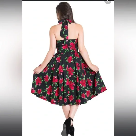 Hell Bunny Vixen XS Red Rose Floral on Black Swing, Vintage Dress Halter - Picture 8 of 9